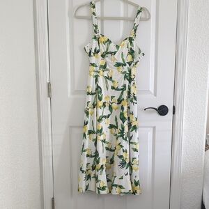 Avec Les Filles White Lemon-Print Midi Dress with Green Leaves